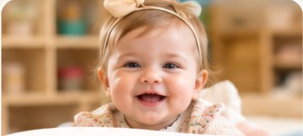 Smiling young toddler in a bright early learning classroom